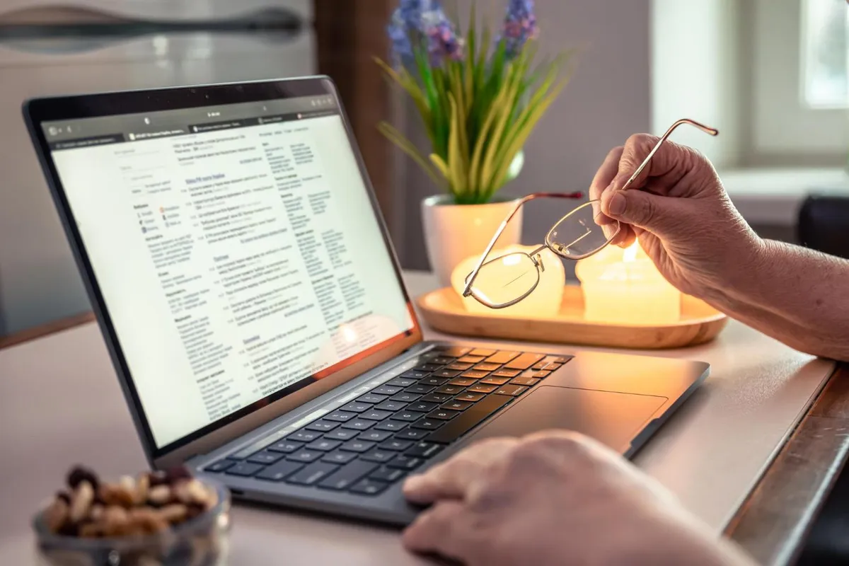 Persona revisando un documento en una notebook mientras sostiene sus anteojos